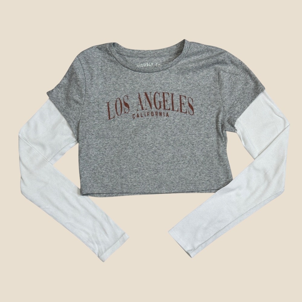 Aeropostale Womens Los Angeles Baby Tee Grey Layered Long Sleeve Crop Top XL